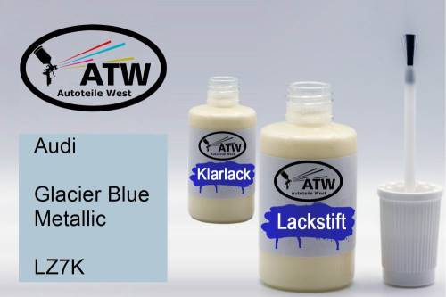 Audi, Glacier Blue Metallic, LZ7K: 20ml Lackstift + 20ml Klarlack - Set, von ATW Autoteile West.